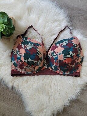 Adore Me Front Closure Push Up Bra 38DDD Floral Underwire Lace Trim Plunge